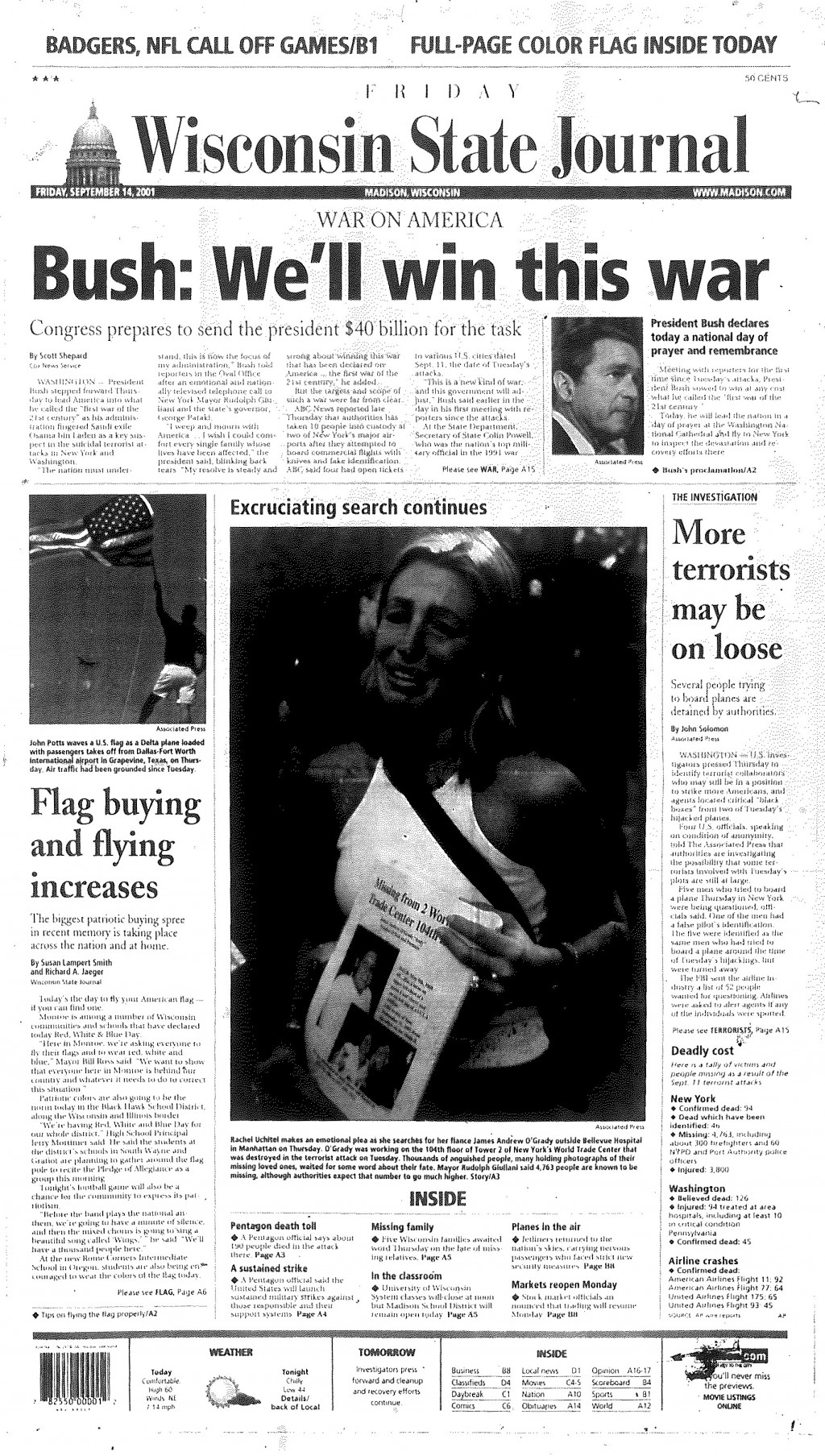 Wisconsin State Journal front page from Sept. 14, 2001